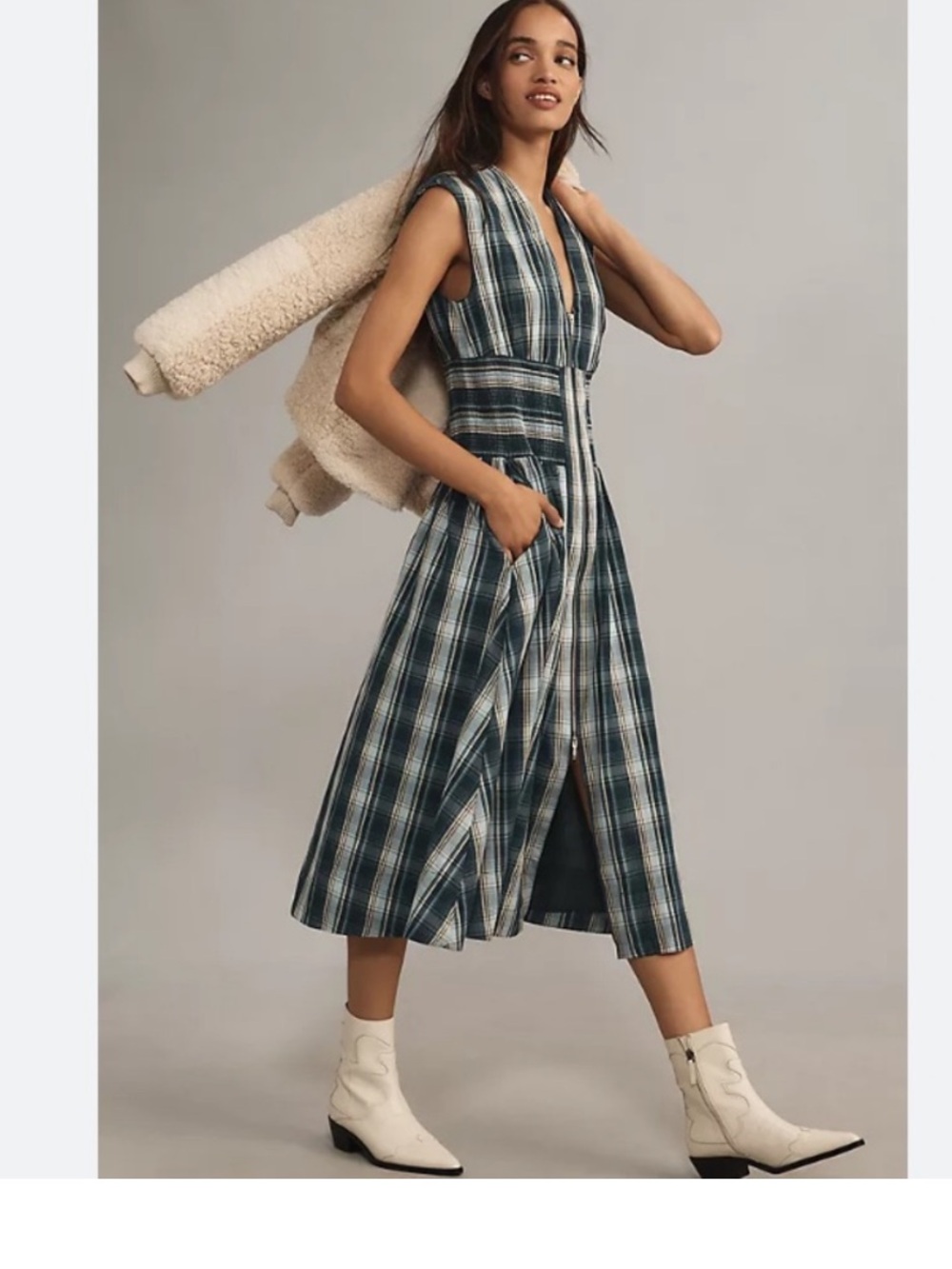Anthropologie the Tommie dress Blue and White Plaid Midi M Petite